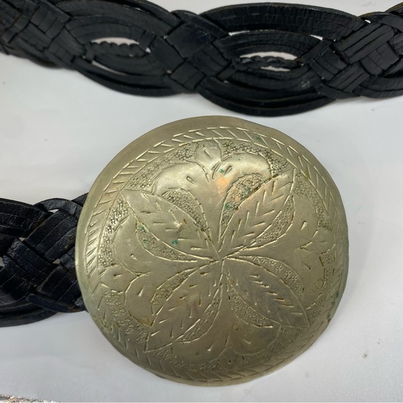 LADIES BELT ONE SIZE MOROCCO CONCHO SILVER BLACK LEATHER BRAIDED WOVEN WESTERN - Picture 3 of 9